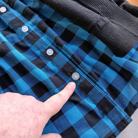 GNW Indigo Teal Layered Look Cardigan Blouse L plaid pintuck tunic roll sleeve - Picture 15 of 16